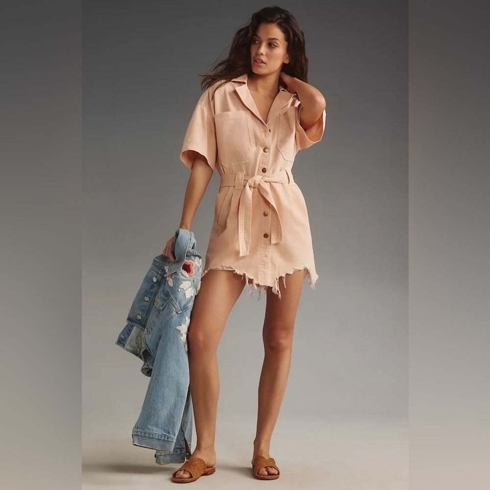 Anthropologie Pilcro Short Sleeve Destructed Denim Mini Dress Womens Size XXS